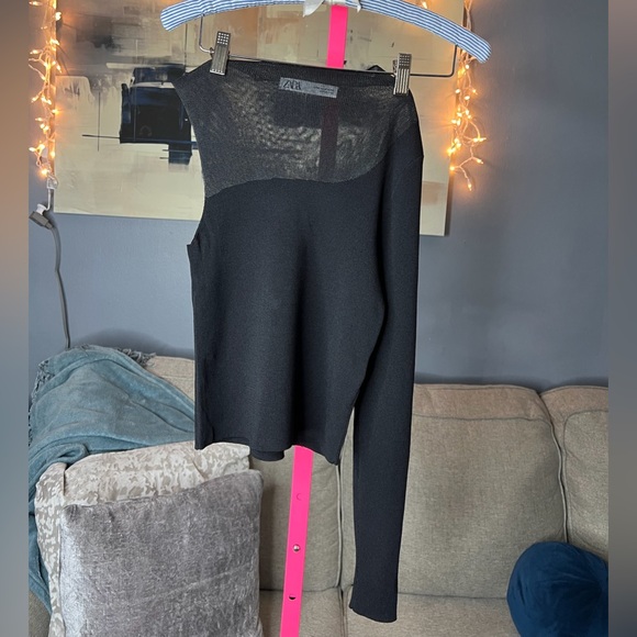 Zara Black One Shoulder Sheer Panel Knit Top | Asymmetrical | Size M - Picture 2 of 5
